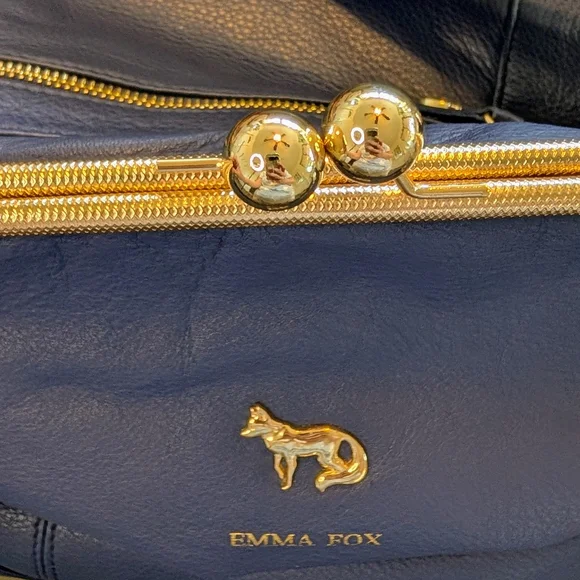 EMMA FOX Navy Genuine Leather Frame-Top Shoulder Bag Vintage-inspired Kiss-Lock - Picture 14 of 15